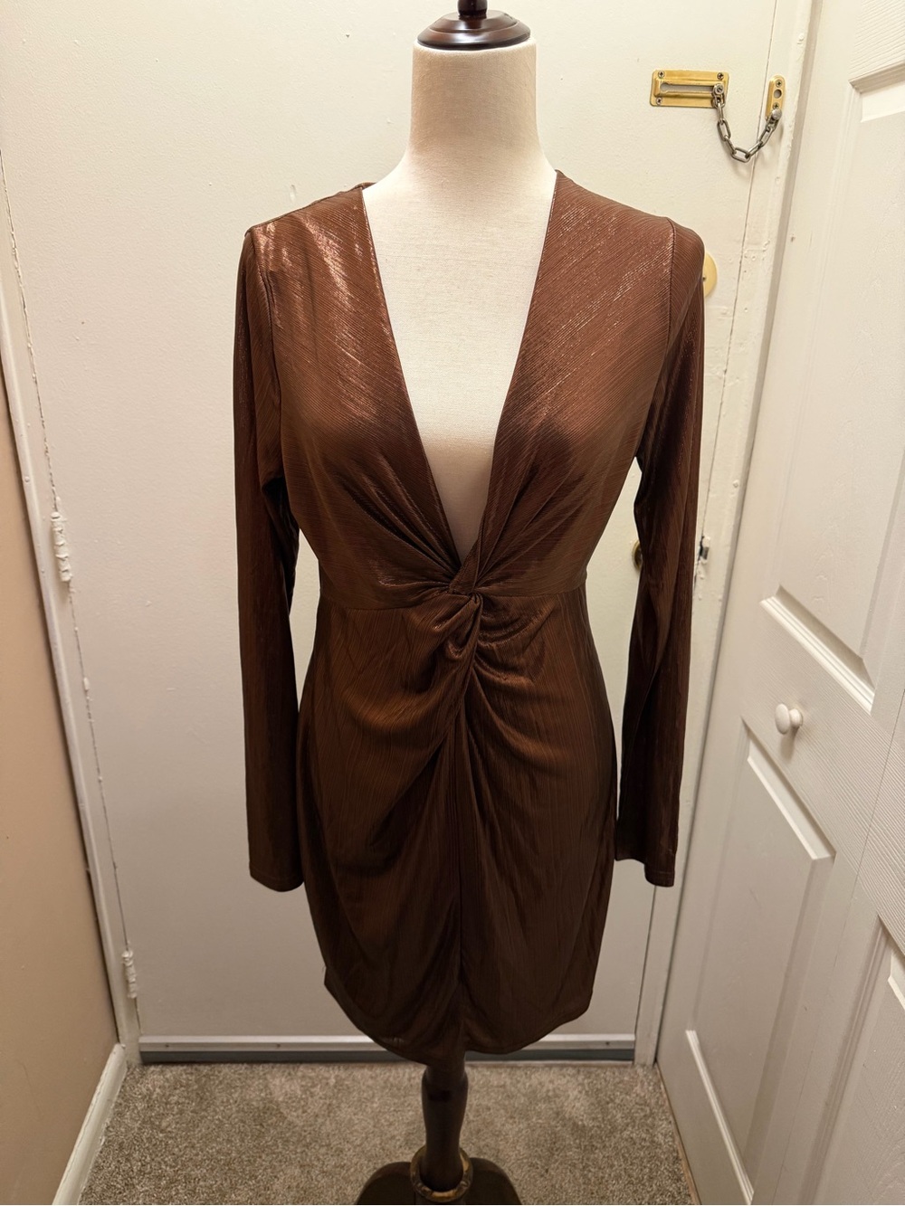 Brown Twist Front Long Sleeve Mini Dress